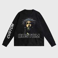T-shirt surdimensionné pour homme, 300 GSM, coton mélangé lourd, logo personnalisé, col rond, manches longues, imprimé graphique, streetwear