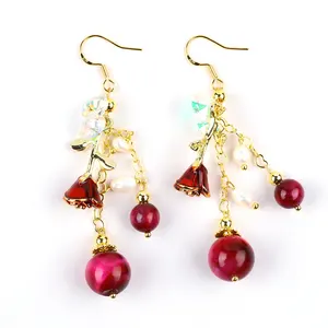 Factory Wholesale 12MM 8MM Rose Red Tiger Eye Crystal And White Pearl With Rose Flower Dangle Long Earring For Party And Gift