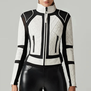 Chaqueta de cuero de piel de cordero auténtica blanca y negra para mujer más vendida chaqueta de cuero de motorista ajustada para mujer - Product Image 1