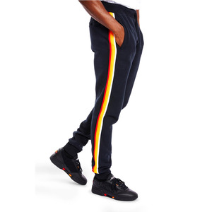 Pantalon de survêtement noir pour homme avec bande latérale jaune et blanche, taille élastique, décontracté, en coton tricoté mi-lourd, idéal pour l'automne - Product Image 1