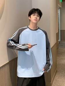 T-shirt à manches longues à col rond rayé pour homme |   T-shirt polo uni vintage à rayures latérales, style sport décontracté et preppy - Product Image 4