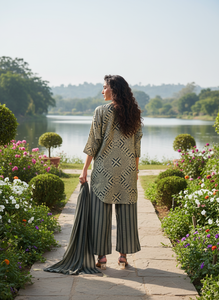 Ensemble coordonné élégant à imprimé floral pour femmes, kurta ethnique contemporain à coupe asymétrique, pantalon assorti, écharpe, tenue de soirée, polyester, séchage rapide - Product Image 3