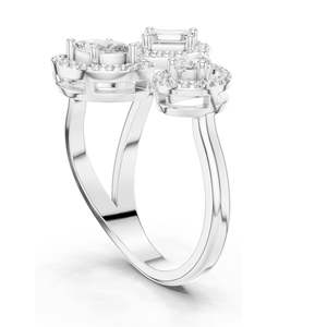 Bague à trois pierres en diamant de laboratoire 0,92 CT pour femme, clarté VVS-VS EF, taille émeraude, poire et ovale avec sertissage halo, 18 carats, 14 carats - Product Image 5
