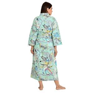 Kimono Largo Reversible de Algodón Kantha Pur para Mujer, Chaqueta Color Verde Pastel con Estampado de Mono - Product Image 5