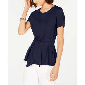 Top Casual da Donna Tommy Hilfiger Blu in Maglia a Maniche Corte con Laccetti Frontali e Pizzo Leopardato Traspirante Vestibilità Ampia per Taglia Media - Product Image 1