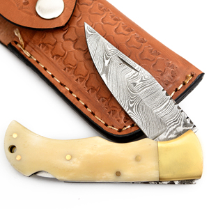 Cuchillo plegable de Damasco hecho a mano con mango de hueso de madera, cuchillo de caza OEM personalizable, hoja de acero - Product Image 6