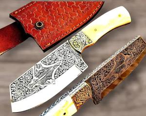 Lame en acier D2 faite à la main Style japonais Chef couperet avec gaine en cuir couteau de cuisine à manche en os gravé personnalisé de haute qualité - Product Image 1