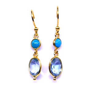 Boucles d'oreilles à breloques de style classique en argent sterling 925 pour femmes pierres précieuses en topaze bleue turquoise plaquée or pour mariages et fêtes - Product Image 2