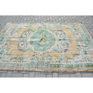 Classic Vintage Turkish Rug 5.5 X 8.3ft Handmade Blue <b>Yellow</b> Patchwork Design for Living Room New <b>Wool</b> with Latex Backing - Product Image 3