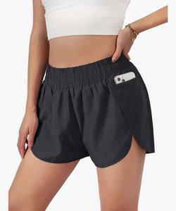 Pantalones cortos de gimnasio de calle alta para mujer, de secado rápido, tamaño personalizado, levantamiento de glúteos, patrón sólido, motorista, Fitness, bolsillos, peinada, antiarrugas, medio - Product Image 1