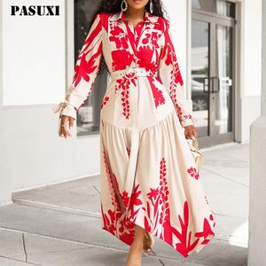 PASUXI 2025 Vestido Largo Camisero Estampado Más Vendido con Cuello en V, Botones y Volantes, Tallas Grandes para Mujer con Cintas - Product Image 1