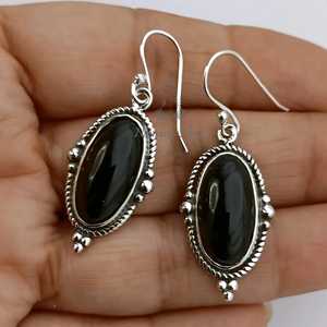 Black <b>Onyx</b> <b>Earrings</b> 925 Sterling Silver Oval Gemstone Dangle Handmade Jewelry - Product Image 1