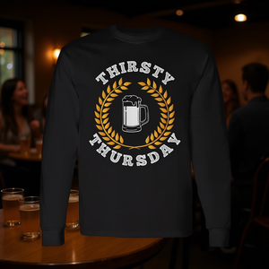 T-shirt à manches longues inspiré de la fête du jeudi soifte du collège, bière et vin pour les promotions - Product Image 2