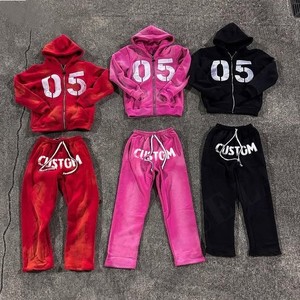 Conjunto Deportivo Casual de Invierno para Hombre, Lavado Ácido, con Sudadera con Cremallera y Pedrería y Pantalones Deportivos Acampanados, 100% Algodón Transpirable con Forro Polar - Product Image 1