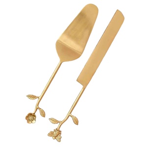 Best Selling Wood PC <b>Cake</b> <b>Tool</b> Set Gold Metal Plated Server Slicer & Spatula Flower Bee End Design Home Wedding Restaurant Use - Product Image 1