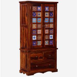 Armoire 2 portes de style traditionnel Siramika Chêne miel et finition teck provincial Bois de sheesham pour application dans la chambre à coucher - Product Image 3