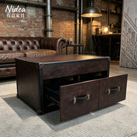 Table basse vintage en cuir marron style coffre, avec 2 tiroirs de rangement et doublure en velours noir, table d'appoint rétro style campagne
