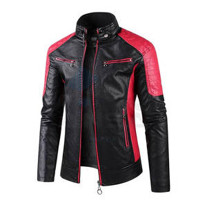 Veste en cuir tendance pour homme, blocs de couleur, col montant, style motard, fermeture éclair intégrale, vêtement d'extérieur d'automne, noir et rouge - Product Image 1