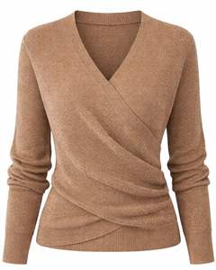 Women Camel <b>Brown</b> Wrap Style Knit Sweater <b>Long</b> <b>Sleeve</b> V Neck Soft Casual Winter <b>Top</b> Elegant Ladies Fashion Pullover Daily Wear - Product Image 1