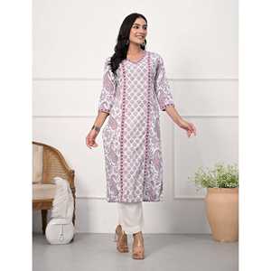 Hand Drawn White Butti Block Printed Cotton Straight <b>Kurti</b> with Pakistani Style Salwar Kameez for Daily Wear and Parties - Product Image 3