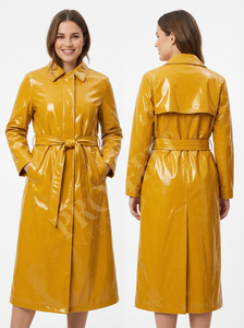 Manteau long en cuir de style décontracté et tendance, finition vernie, vêtement d'extérieur d'hiver, cuir véritable souple, ceinture, trench-coat pour femmes - Product Image 6