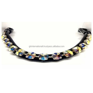 Premium Finish Black Genuine Leather Horse Brow Band Designed With Luxury Large Glass <b>Crystals</b> Stones Bling Chain Custom Design - Product Image 5