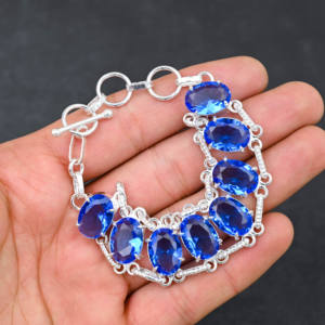 Lab Created <b>Blue</b> <b>Topaz</b> Chain Style <b>Bracelet</b> Handmade Sterling Silver Plated Luxury Designer Gemstone Jewelry 7-8 Inch Wedding - Product Image 5