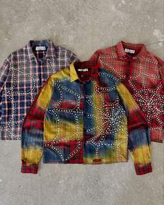 Chemise décontractée pour homme à manches longues, style rétro vintage, en flanelle à carreaux vieillie, avec boutons et strass, idéale pour le printemps – Vente en gros personnalisée - Product Image 6