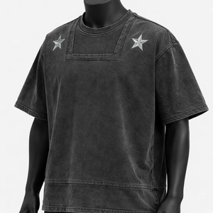 Camiseta de punto oversize para hombre, manga corta, cuello redondo, algodón lavado, color liso, logo de estrella frontal, ecológica - Product Image 2