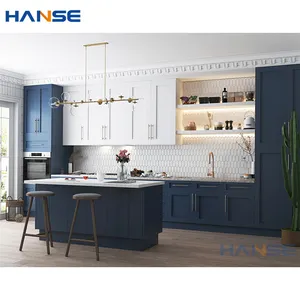 Custom Design American Home Modern Luxe Full Sets Meubels Marineblauwe Shaker Houten Keukenkasten Met Handgreep Apparaten