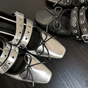 Women's Silver Genuine Patent Glossy Leather Gothic E-Girl Ballet Flats Pointed-Toe <b>Ladies</b> Ballerinas Woman Lace up bow Sandals - Product Image 6