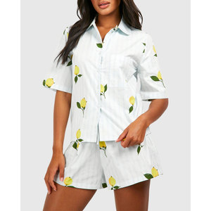 ชุดนอนผู้หญิงแบบ 2 ชิ้น แขนสั้น ติดกระดุม ผ้าระบายอากาศ ชุดนอนและชุดลำลอง OEM - Product Image 5