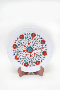 โต๊ะหินอ่อนอิตาลีดีไซน์ดอกไม้สีแดง12นิ้วจานทำด้วยมือหรูหราตกแต่งบ้านงานฝีมือหิน - Product Image 3