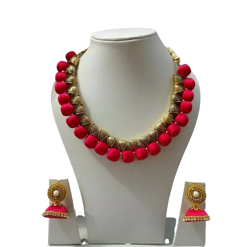 Metallic silk thread necklace with earrings Silk Thread Necklace Thread Bangles Earring Necklace Set For Women Pink