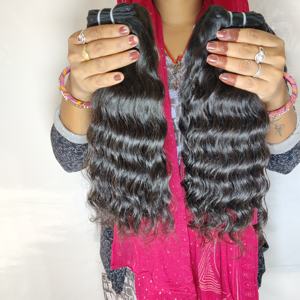 Extensiones de cabello humano de templo indio ondulado alineado con cutícula virgen joven sin procesar 100% con estilo de onda profunda suelta - Product Image 4