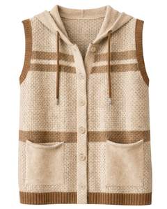 Gilet en tricot à capuche beige personnalisé, en laine acrylique, boutonné devant, sans manches, cardigan d'hiver avec poches, OEM - Product Image 1