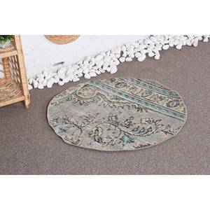 Tapis en laine patchwork vert traditionnel vintage de 2.8x2.8 pieds pour le salon ou le couloir Design Aubusson avec support en latex - Product Image 2