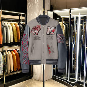 Veste universitaire courte pour couple, vente en gros, logo personnalisé, veste de baseball en cuir, broderie noire, motif en toile - Product Image 5