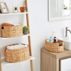 Cesta de almacenamiento de estante ovalada personalizada, cesta de jacinto de agua con asas integradas, cestas para regalos, cesta organizadora - Product Image 2