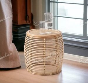 Modern Rattan End Table Ottoman with Bone Inlay for Bedroom Home Decor Coffee Tea Console Entry Garden Relaxing Accent Table - Product Image 5