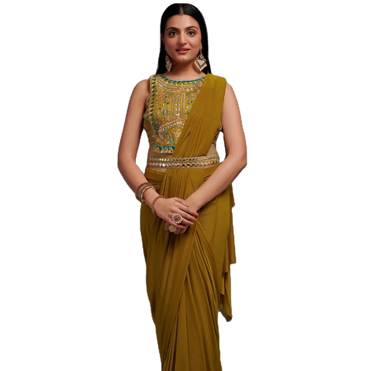 Bollywood Phong Cách Mới Nhất Nhập Khẩu Vải Với Nặng Gương Làm Việc Và Vá Trâm Làm Việc Sẵn Sàng Thực hiện Saree 2023