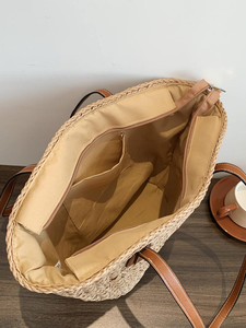 2024 femmes été plage fourre-tout à la main tissé paille cuir poignées fermeture à glissière Vietnam perles arcs chaîne plume décoration - Product Image 3