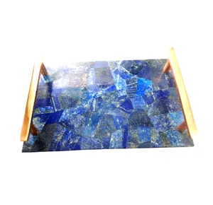 TRAY GEMSTONE LAPIS TOUSEEF INTL DECORATIVE FANCY TRAYS WITH METAL GOLD PLATED HANDLES HANDICRAFTS GIFT HOME HOTEL WEDDING GIFT