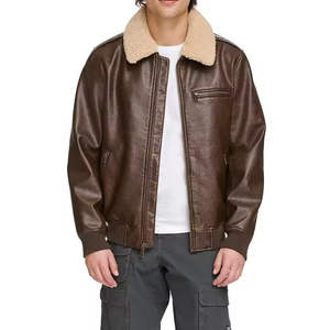 Veste de motard pour homme en faux cuir marron coupe ajustée avec poches zippées au design élégant pour moto, col montant, mode streetwear décontractée - Product Image 2