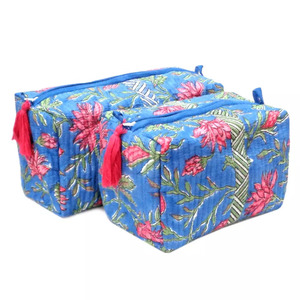 Sac à cosmétiques de haute qualité en coton indien bleu rayé, imprimé à la main, grand format, écologique, durable, style tendance, fermeture éclair - Product Image 5