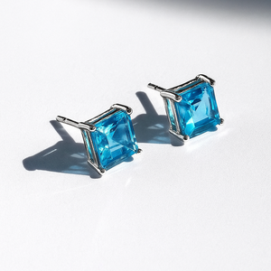 Pendientes de Plata de Ley 925 de Alta Calidad con Baño de Rodio, Corte Princesa, Clásicos, para Topacio Azul de 6 mm, Elegantes, para Boda - Product Image 2