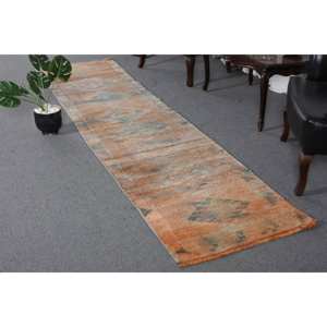 Tapis en Laine Turque Vintage de 2,4X10 pieds, Orange et Bleu, Tissage Plat, Design Patchwork pour Décorations de Salon - Product Image 1