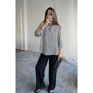 เสื้อเชิ้ตผ้าลินินลายทางสำหรับผู้หญิงสีดำ-เสื้อเบลาส์ที่ดูหรูหราและมีสไตล์ - Product Image 6