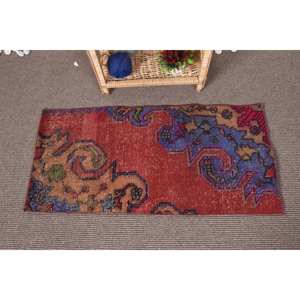 Alfombra clásica de lana roja y azul hecha a mano de 1,7x3,6 pies, retales rectangulares, respaldo de látex ecológico, comedor, viscosa de alta calidad - Product Image 1