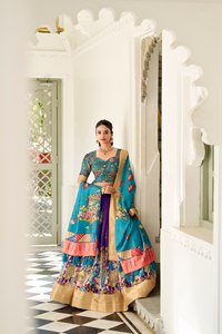 Crema Kalamkari Imprimir Con Tejido Jari Border Dola Seda Lehenga Choli - Product Image 2